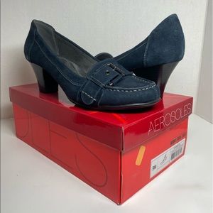 Aerosoles “Caribbean” Dark Blue Suede heel. New in box.